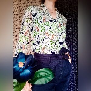 Anthro ❉ Maeve Woodland Walk Owl Butterfly Button Down Shirt Size 00 Petite